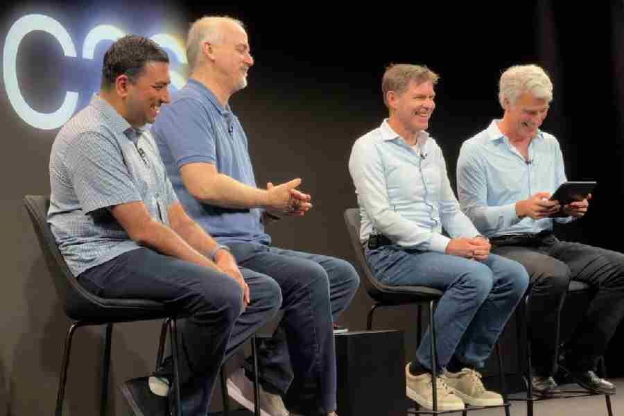 Left to right: Amar Subramanya (vice-president of AI), Mike Rockwell (Siri lead), Sebastien Marineau-Mes (software VP), Craig Federighi, Apple’s senior vice-president of software engineering. 