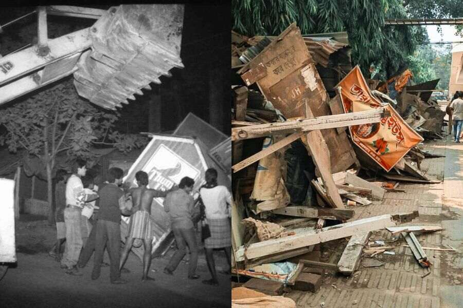 CMC personnel evicting hawkers on James Long Sarani (L); Hawker stalls bulldozen on Dum Dum railway station (R)