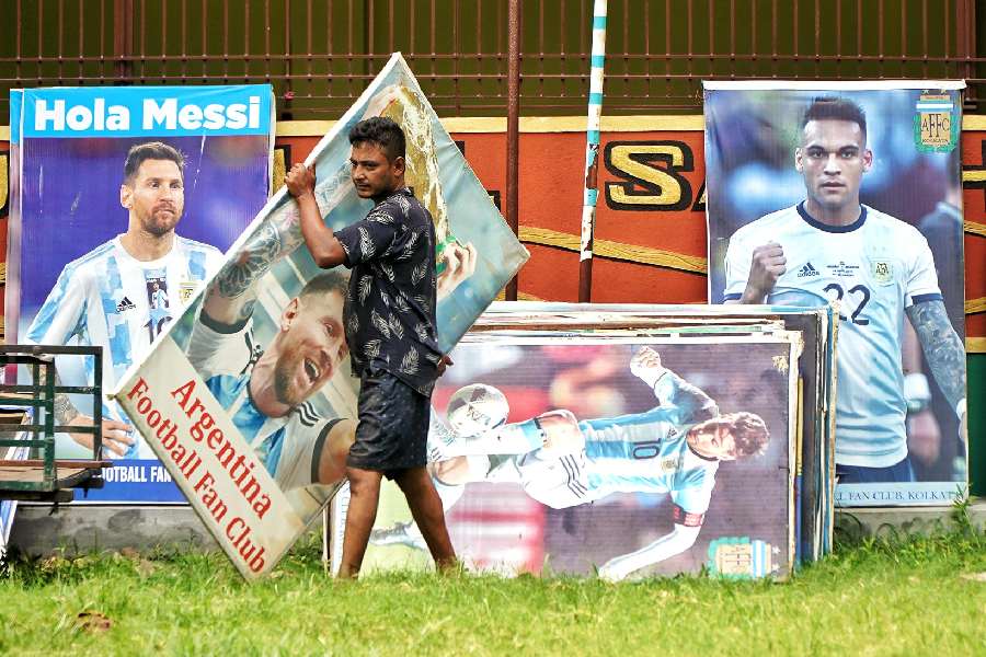 Football fields in Gopalnagar put up hoardings of the reigning champions; Argentina