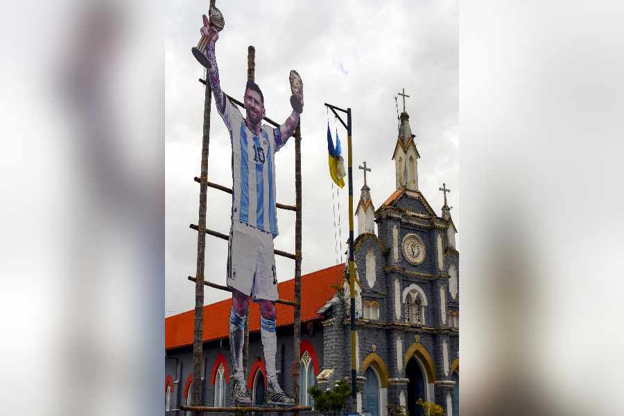 A huge cutout of Argentine footballer Lionel Messi
