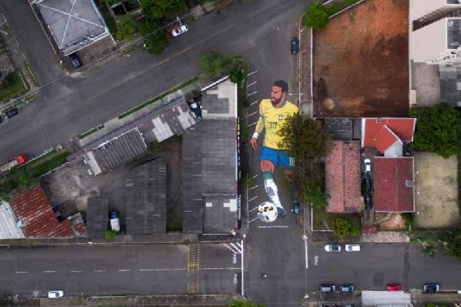 A drone view of a mural depicting Brazilian soccer player Neymar Jr.