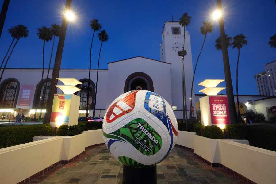 A general overall view of large Adidas FIFA World Cup 2026 soccer ball at Los Angeles Union Station.