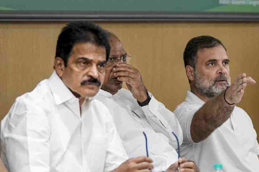 From left, Congress leaders Kumari Selja, Jairam Ramesh, KC Venugopal, party President Mallikarjun Kharge, Rahul Gandhi and Priyanka Gandhi Vadra during a meeting at AICC headquarters, Indira Bhawan, in New Delhi, Thursday, June 11, 2026.