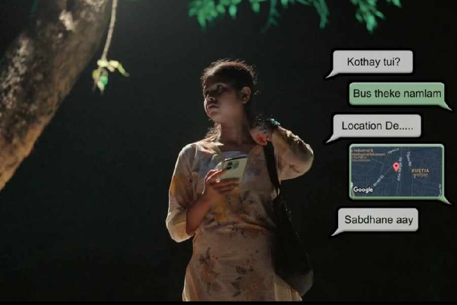 A poster from BJP\'s \'Bhoy Noy Bhorsha\' campaign showing a girl at night and a screen of messages from her family.