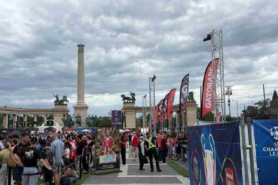 Gathering of football fans at Heroes’ Square in Budapest, Hungary, during the 2026 UEFA Champions League Festival