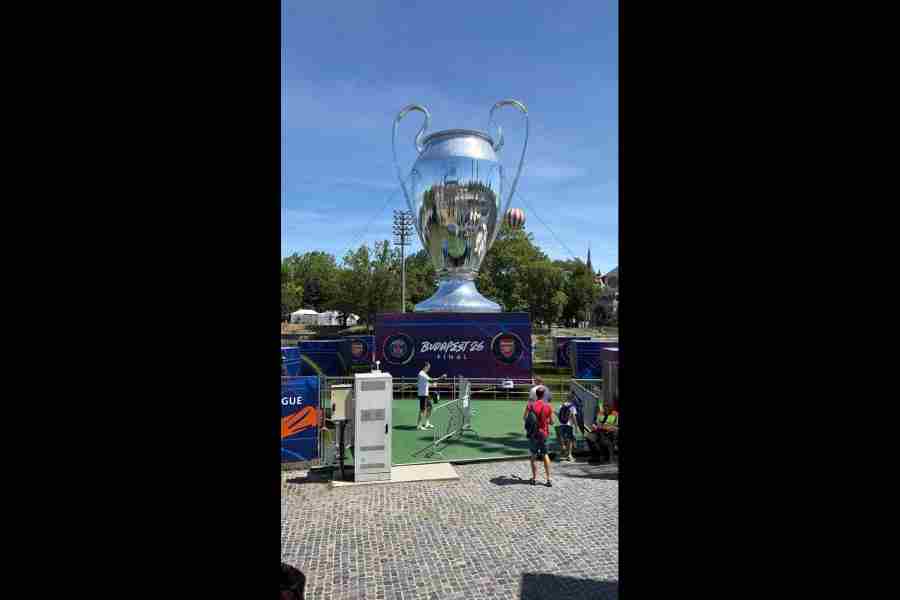 A giant replica of the UEFA Champions League trophy installed for the 2026 final