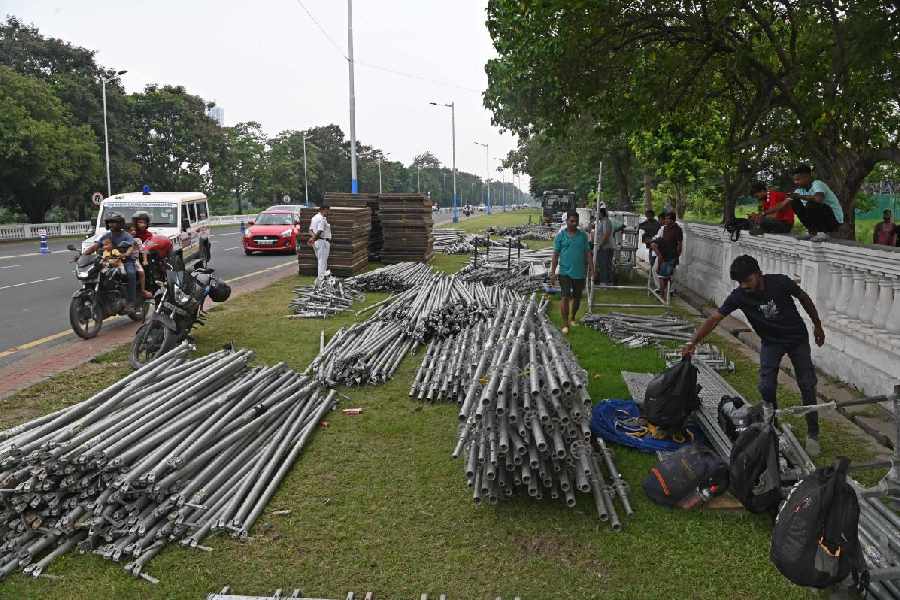 Preparations for the International Yoga Day underway at Red Road on Sunday.