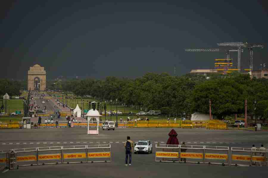 Overcast skies loom over Kartavya Path before light rain hits the city, in Thursday, June 4, 2026.