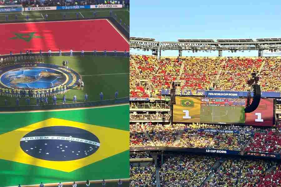 Brazil and Morocco players and the national flags on the pitch before the game (left); The packed New York New Jersey Stadium