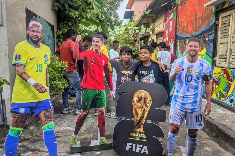 Cutout of the stars of football have been set up for fans to take pictures with