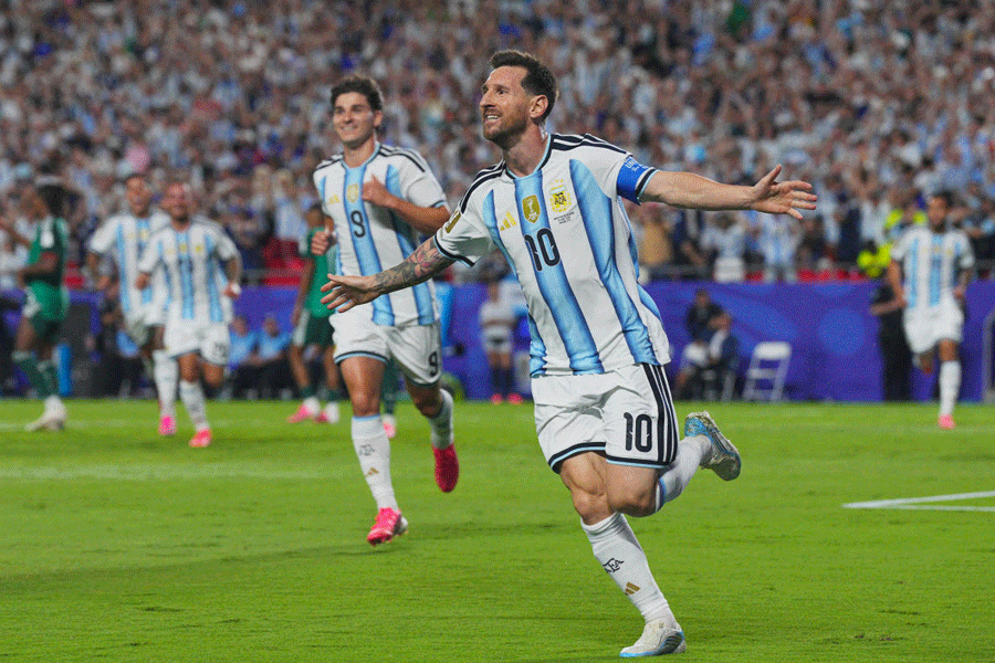 Argentina's Lionel Messi celebrates scoring their second goal in Group J match between Argentina and Algeria in Kansas City Stadium, Kansas City, Missouri, U.S. on June 16, 2026.