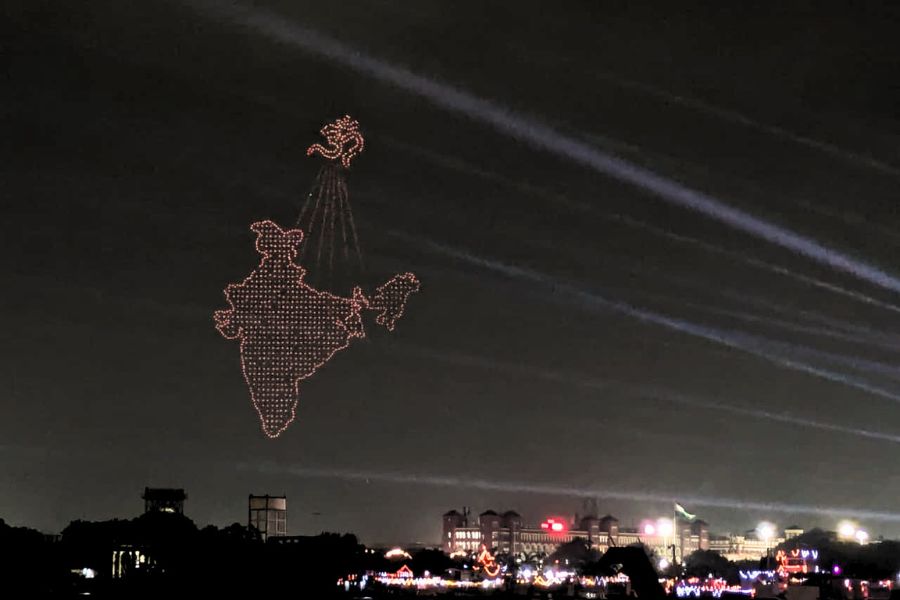 The aerial display formed the centrepiece of a larger cultural carnival unfolding on the eve of Yoga Day.