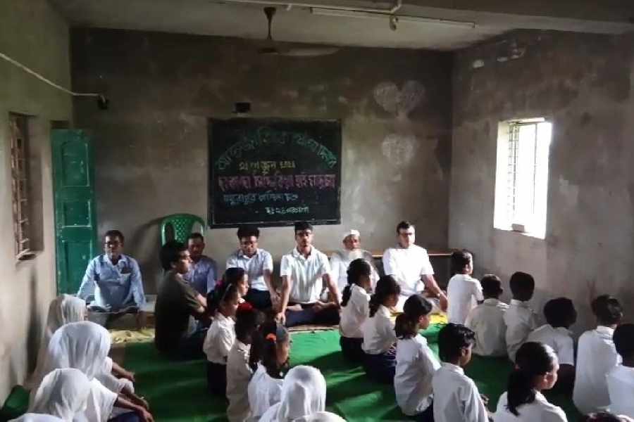 International Yoga Day being observed at a madrasa in Mathurapur-1 in South 24-Parganas on Sunday