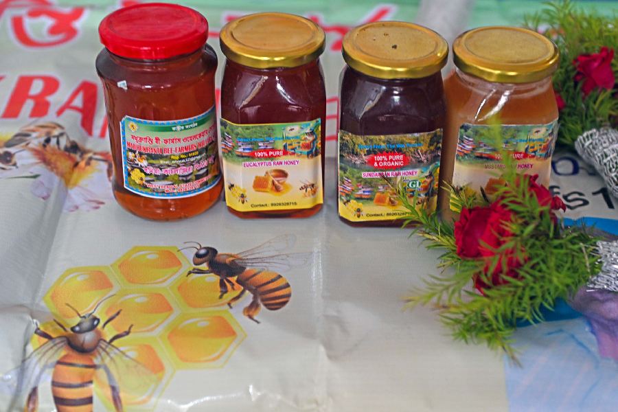 Varieties of honey are displayed, including from eucalyptus, til and and sundari trees from the Sundarbans 