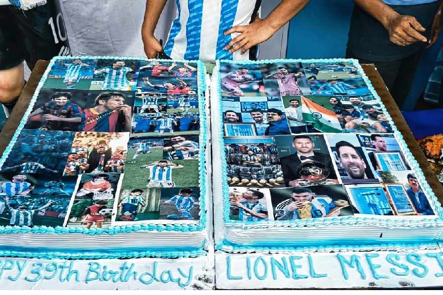 A nearly 20kg cake, featuring Messi’s career highlights, was cut on his birthday in Ichapur
