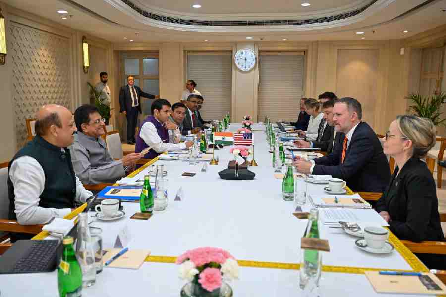 Union commerce and industry minister Piyush Goyal meets United States trade representative Jamieson Greer during discussions on the proposed India-US trade agreement, in New Delhi.