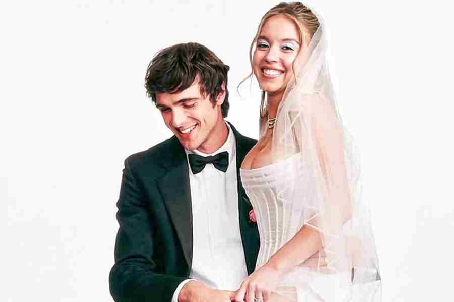 Jacob Elordi (left) and Sydney Sweeney pose behind the scenes of Nate and Cassie’s infamous wedding