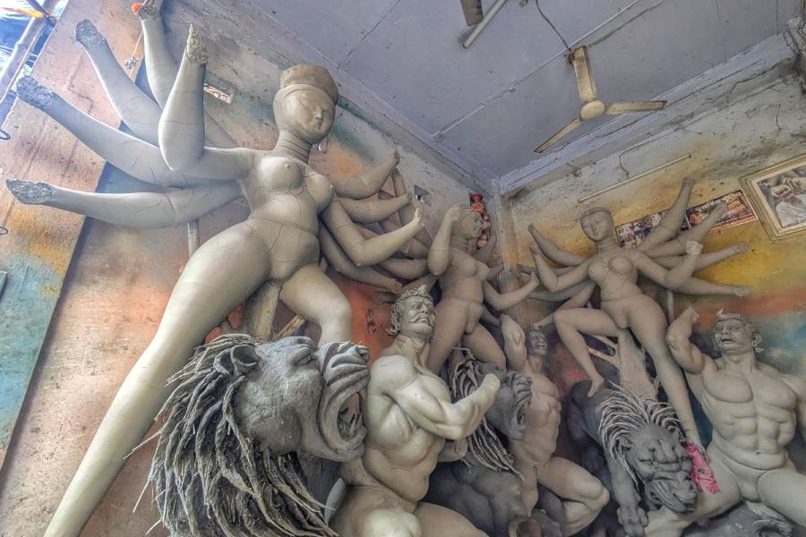 Artisans at work on unfinished Durga idols in Kumartuli after clay supply resumed following a prolonged shortage. 
