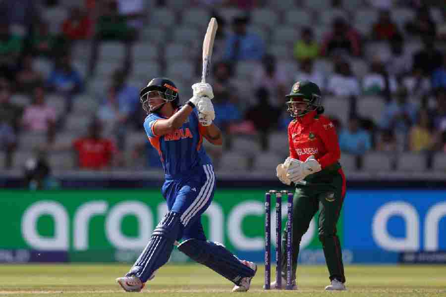 Shafali Verma en route to her 53 in the ICC Women's T20 World Cup match against Bangladesh at Old Trafford on Thursday.