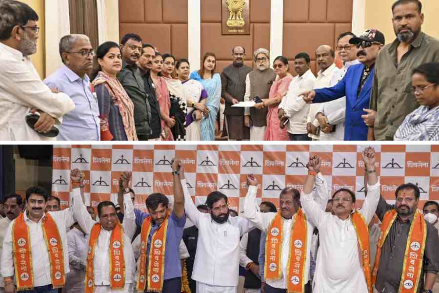 Lok Sabha Speaker Om Birla receives a letter from TMC MPs including Sudip Bandyopadhyay, Satabdi Roy, Kakoli Ghosh Dastidar, Mala Roy, Yusuf Pathan, and others for separate seating arrangement in the House, in New Delhi (above) and MPs Sanjay Dina Patil, Bhausaheb Rajaram Wakchaure, Omprakash Raje Nimbalkar, Sanjay Haribhai Jadhav, Nagesh Patil Ashtikar and Sanjay Uttamrao Deshmukh with Maharashtra Deputy Chief Minister and Shiv Sena chief Eknath Shinde during a press conference after joining the Shiv Sena, in Mumbai(below) 