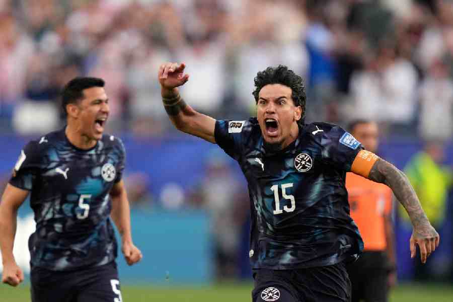 Paraguay's Gustavo Gomez and Fabian Balbuena, left, celebrates after winning the World Cup round of 32 soccer match between Germany and Paraguay in Foxborough, Mass., near Boston, Monday, June 29, 2026.