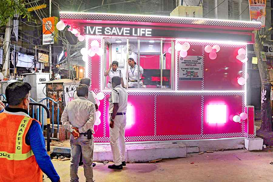 The pink booth at Shyambazar after its inaugurationon Saturday.