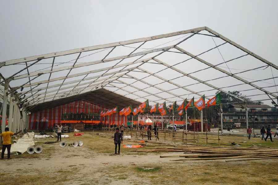 The under-construction dais on the Raasmela Ground in Cooch Behar on Saturday for the Parivartan Yatra. 