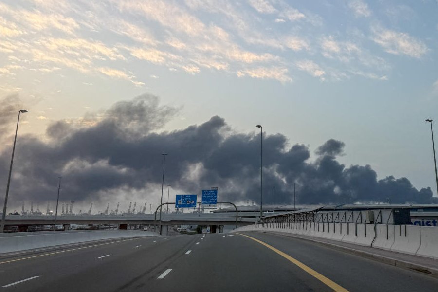 Smoke billows from Jebel Ali port after an Iranian attack, following United States and Israel strikes on Iran, in Dubai, United Arab Emirates, March 1, 2026.
