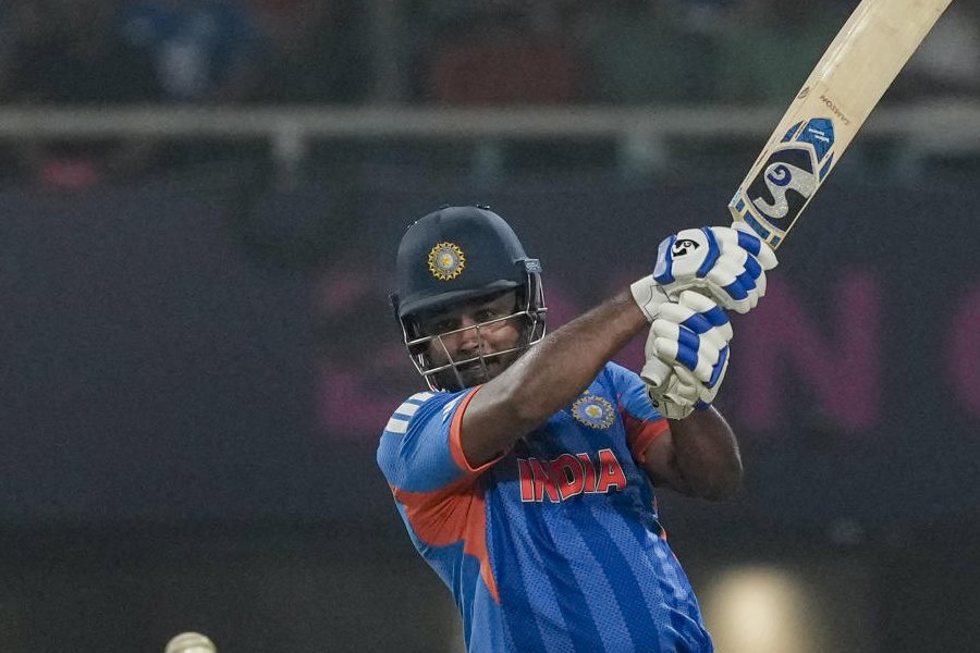 India's Sanju Samson plays a shot during the ICC Men's T20 World Cup 2026 cricket match between India and West Indies, at the Eden Gardens, in Kolkata, West Bengal, Sunday, March 1, 2026.