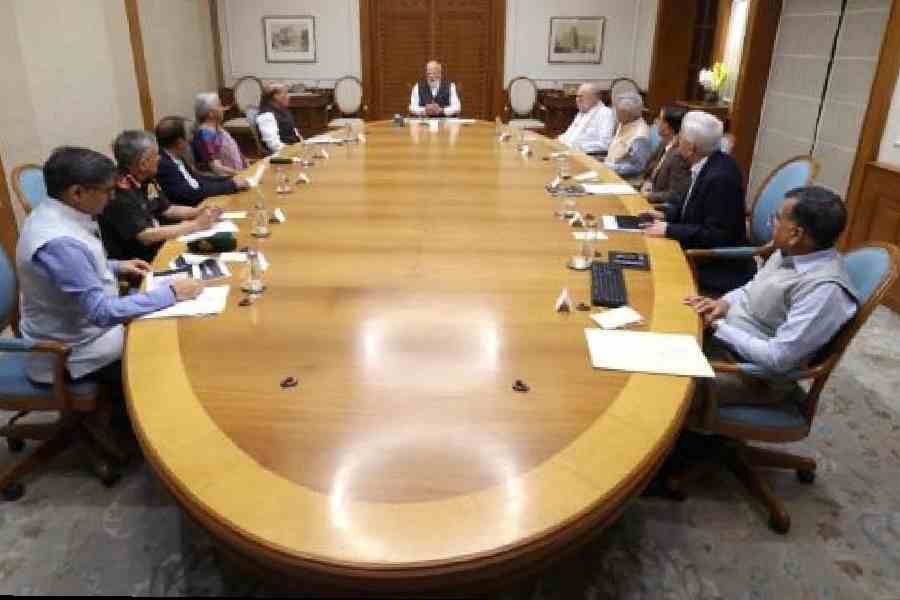 Prime Minister Narendra Modi chairs a meeting of the Cabinet Committee on Security            in Delhi on Sunday night against the backdrop of the turmoil in West Asia. (PMO via PTI)