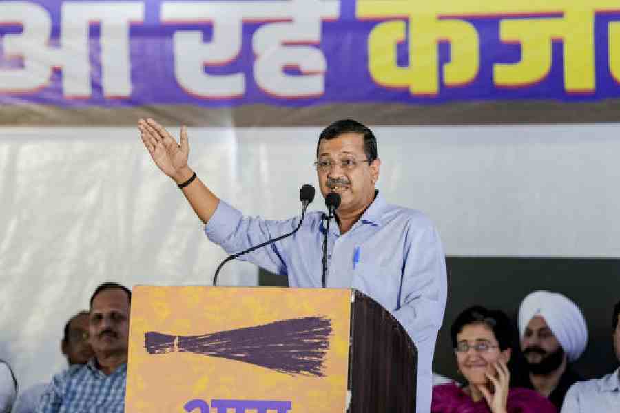 Arvind Kejriwal at the rally in New Delhi on Sunday. (PTI)