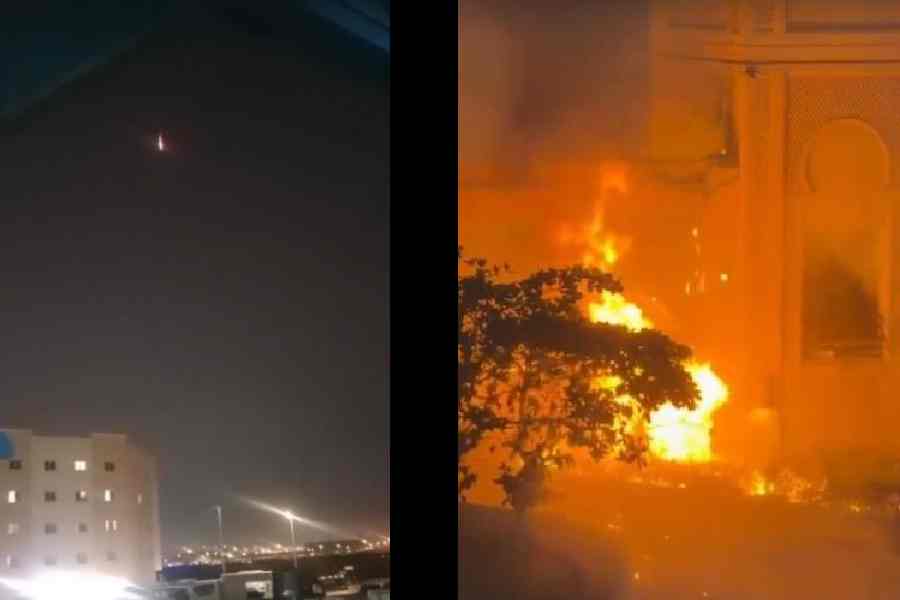 A screenshot from the video shot from a Jebel Ali building shows a missile in the night sky; (right) screenshot from another video after an explosion in the area