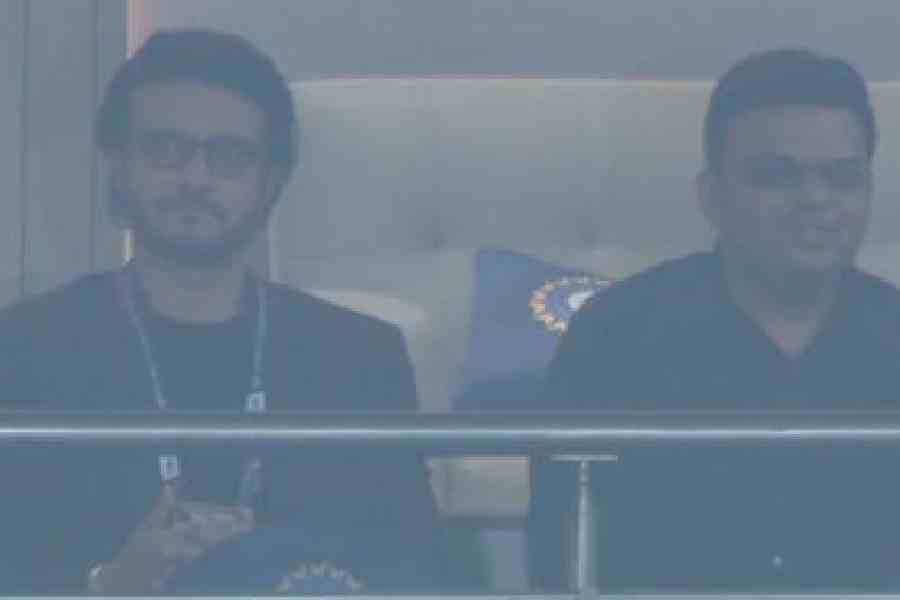 ICC chairman Jay Shah with CAB president Sourav Ganguly at the Eden on Sunday, in a picture shared on X