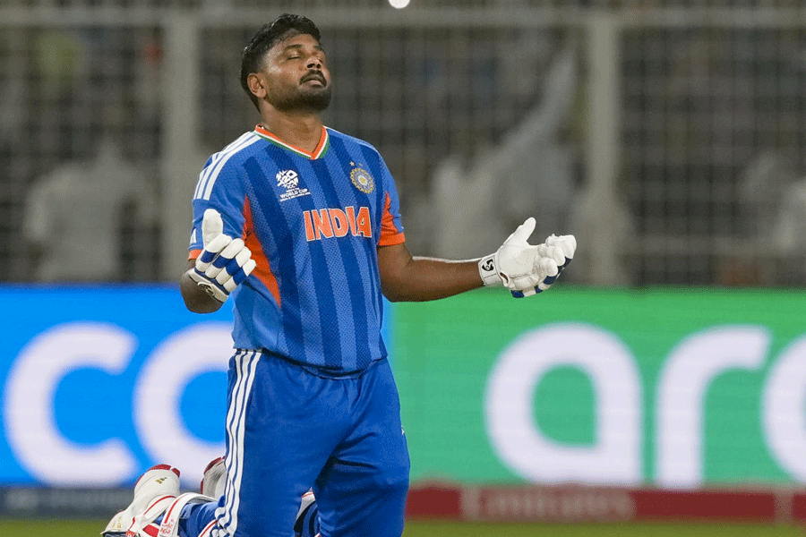 India's Sanju Samson reacts after India won the ICC Men's T20 World Cup 2026 cricket match between India and West Indies, at the Eden Gardens, in Kolkata, West Bengal, Sunday, March 1, 2026.