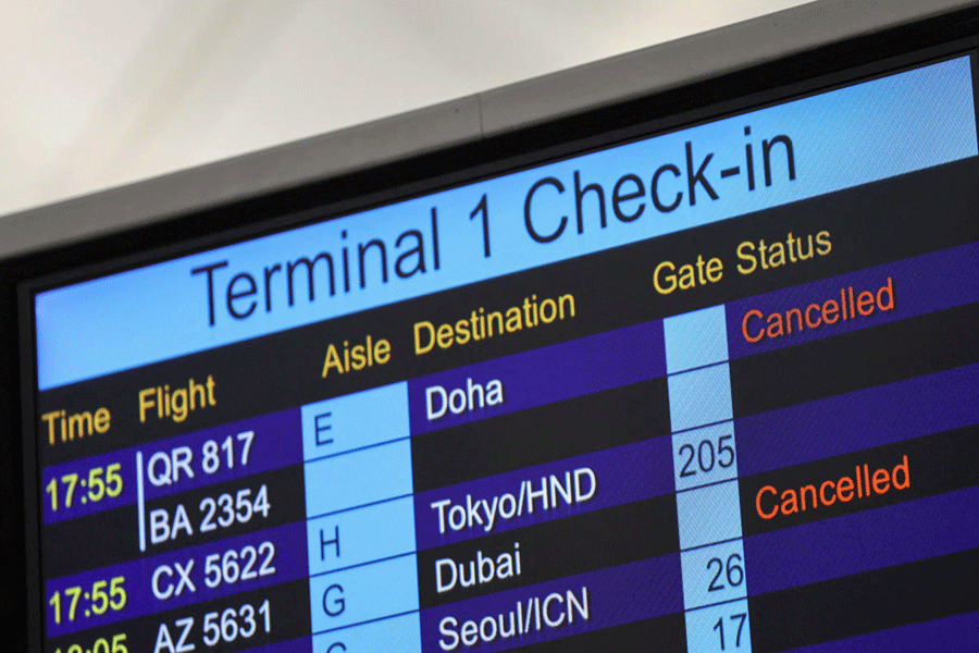A screen displays cancelled flights to Middle East destinations at the Hong Kong International Airport in Hong Kong, China, March 2, 2026.