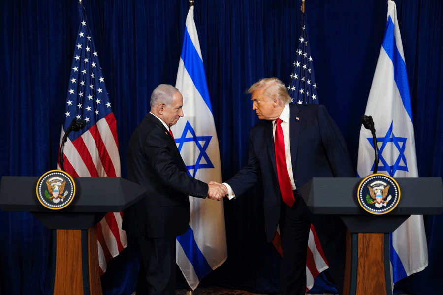 FILE — Prime Minister Benjamin Netanyahu of Israel, left, and President Donald Trump shake hands during a joint news conference at Mar-a-Lago in Palm Beach, Fla., Dec. 29, 2025.