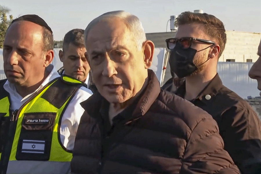 Israeli Prime Minister Benjamin Netanyahu during a visit to the site of a missile strike, in Bet Shemesh, Israel, Monday, March 2, 2026.
