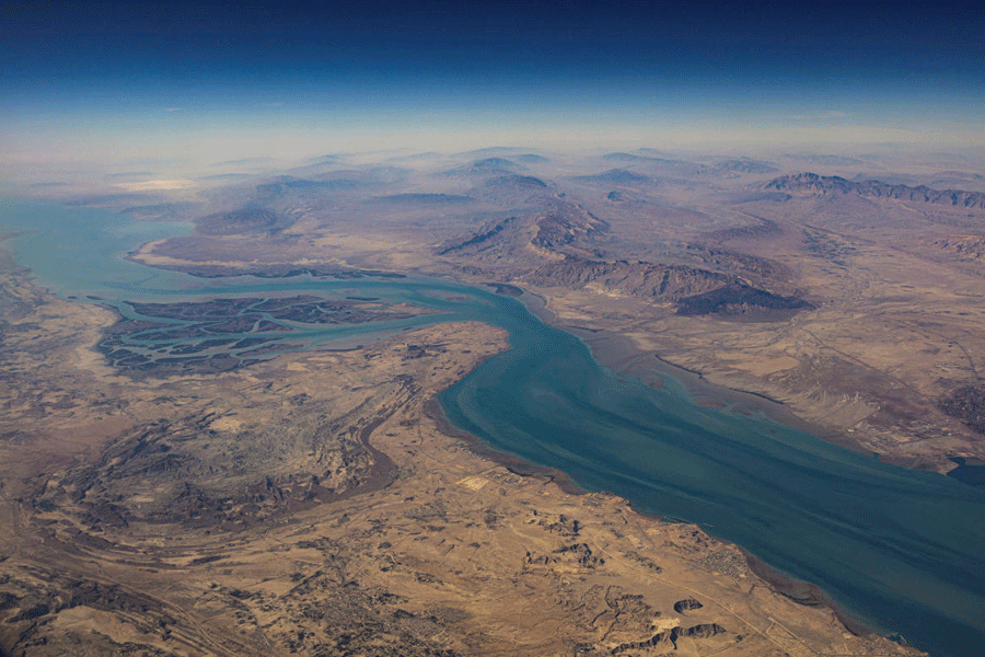 FILE PHOTO: An aerial view of the Iranian shores and the island of Qeshm in the strait of Hormuz, December 10, 2023.