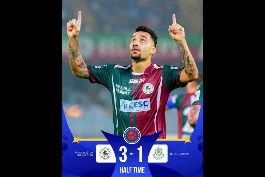 Mohun Bagan’s Robson celebrates after scoring against Mohammedan Sporting during their ISL match at the Salt Lake Stadium on February 28. (ISL on X)
