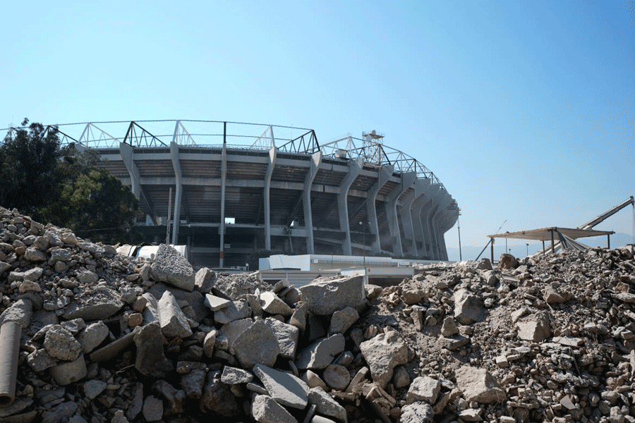 Debris sits in front of the main entrance to the Azteca Stadium, 100 days before the opening ceremony of the 2026 FIFA soccer World Cup, in Mexico City, Tuesday, March 3, 2026.