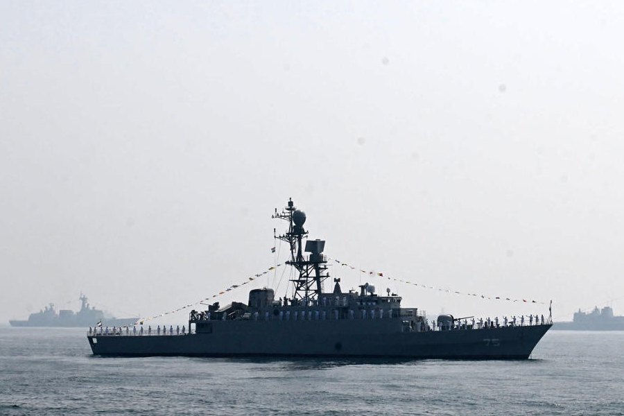 Iranian warship IRIS Dena is seen in the Bay of Bengal during International Fleet Review held at Visakhapatnam, India, Feb. 18, 2026.
