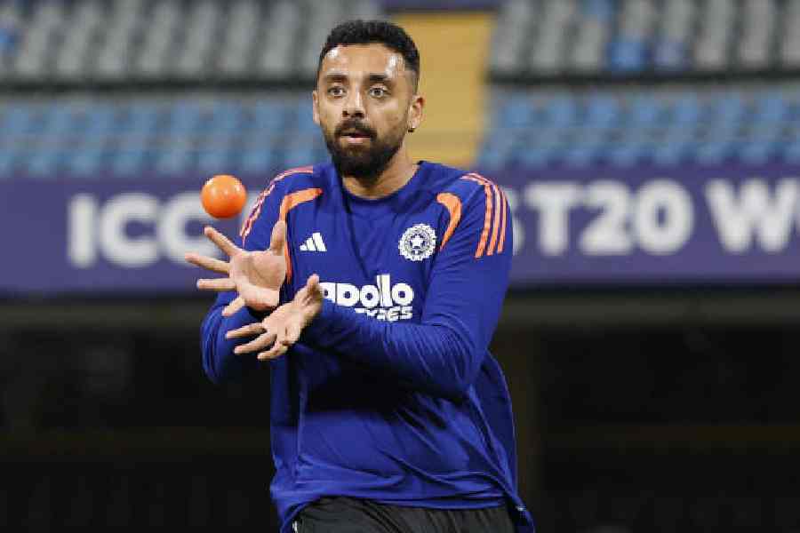 Varun Chakravarthy during India's training session on Wednesday.