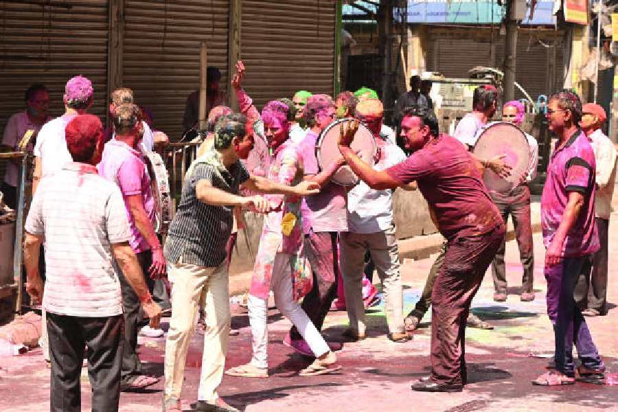 Holi celebrations at Burrabazar on Wednesday morning.