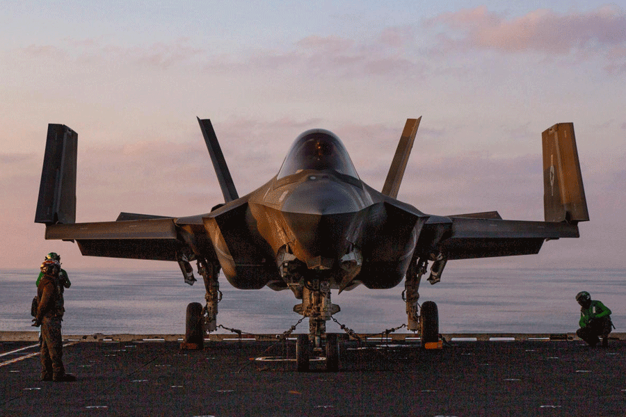 A U.S. Marines F-35C Lightning II is chained down on the flight deck of the U.S. Navy Nimitz-class aircraft carrier USS Abraham Lincoln in support of the Operation Epic Fury attack on Iran from an undisclosed location March 3, 2026.