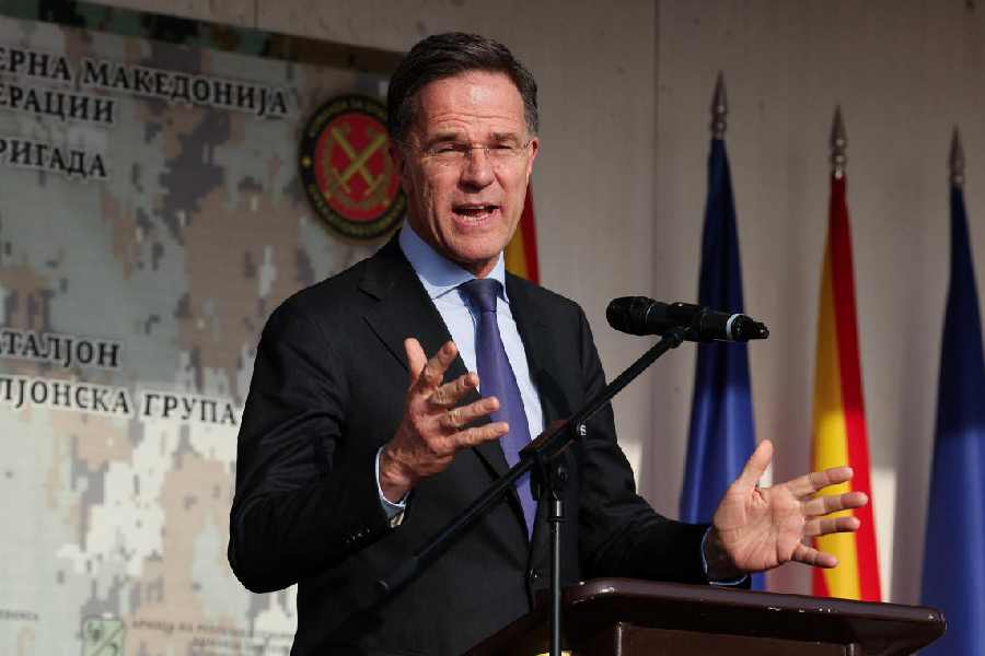 NATO Secretary General Mark Rutte speaks during a visit to the North Macedonian army's Ilinden barracks in Skopje, North Macedonia