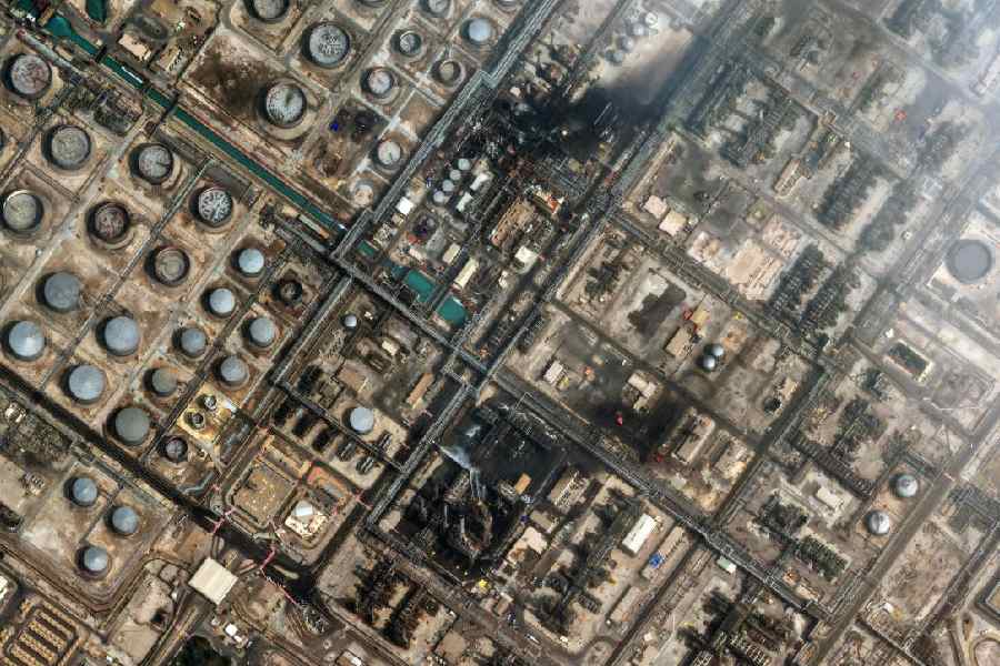A satellite image showing fire in the Ras Tanura oil refinery in Saudi Arabia after a drone attack