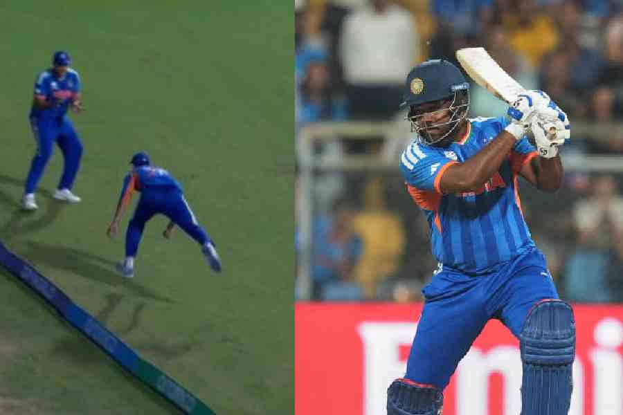Axar Patel and (left)Shivam Dube complete a relay catch to dismissWill Jacks on Thursday, in a picture shared on X. India's Sanju Samson bats during the T20 World Cup cricket semi-final match between India and England in Mumbai 