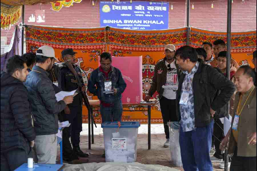 Polling officials upon the conclusion of voting in the Nepal parliamentary elections, in Kathmandu, Nepal, Thursday, March 5, 2026.