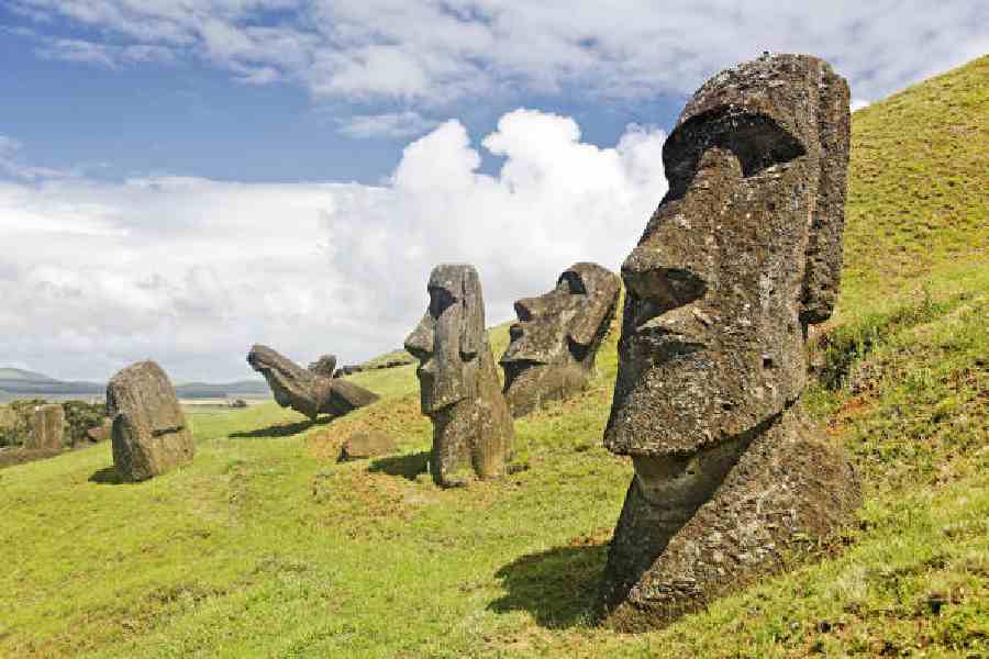 Moais in Rapa Nui National Park on the slopes of Rano Raruku volcano on Easter Island