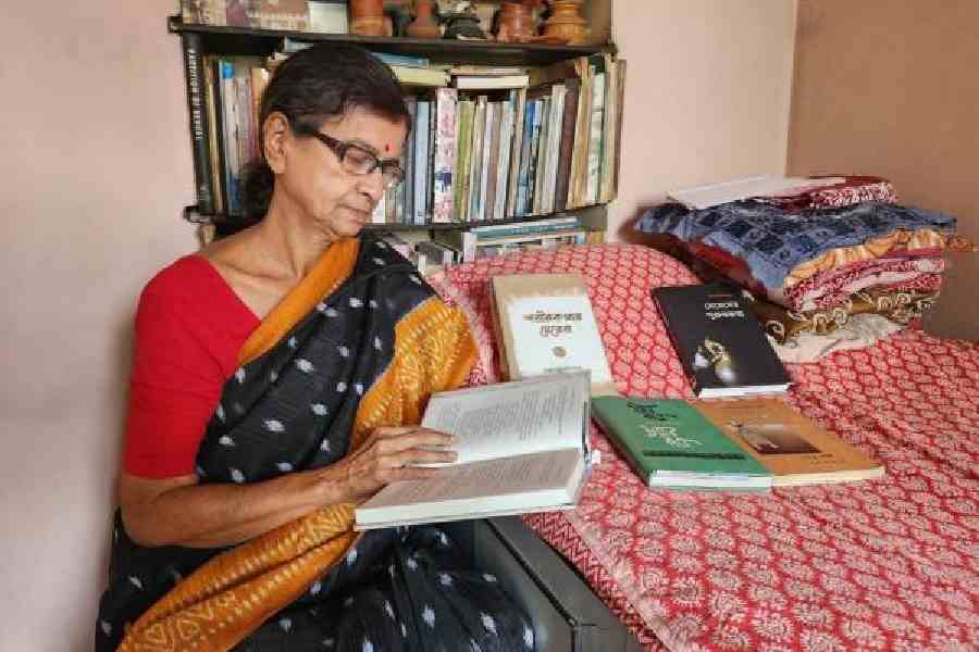 Chandra Mukhopadhyay, a researcher of women’s songs, at her Purbachal home